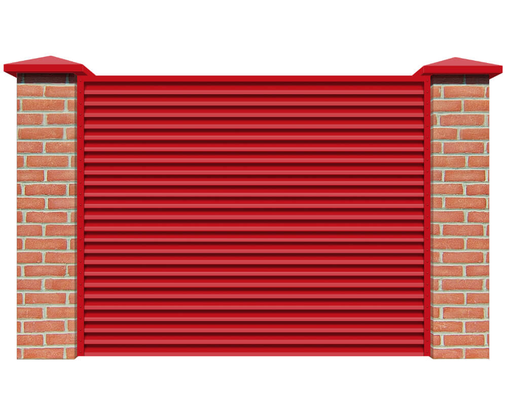 Секция забора жалюзи из ламелей Жалюзи ЭКО-Z RAL3020 Красный с кирпичными столбами анфас